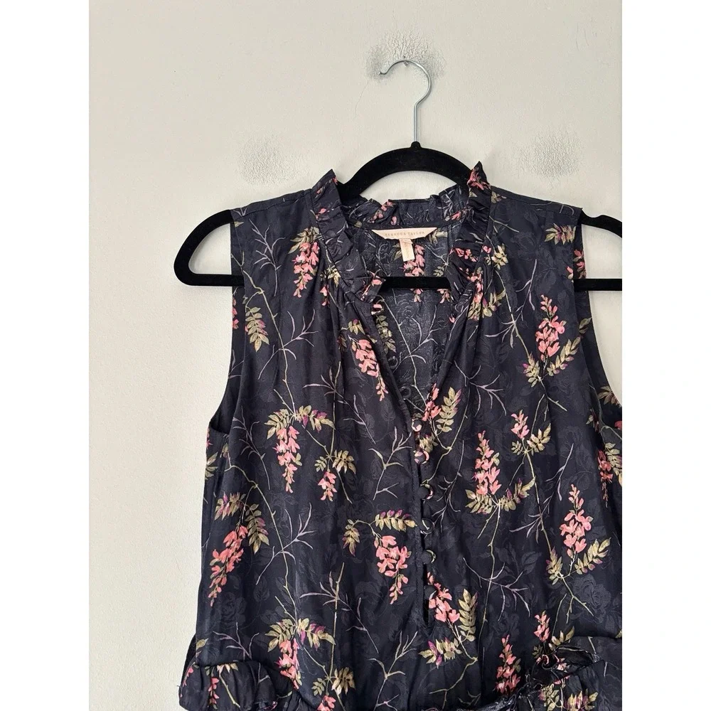REBECCA TAYLOR Ivie Floral Ruffle Silk Blend Dress In Navy Combo Size 4‎